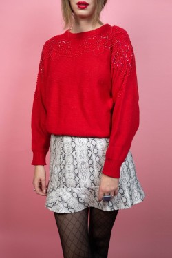 Červený vintage sveter s perličkami - M/L
