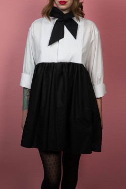 Košeľové šaty Upcyklové s mašľou black & white - M/L