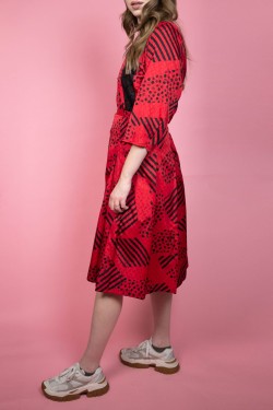 Červený vzorovaný vintage komplet sukňa & blúzka - L/XL