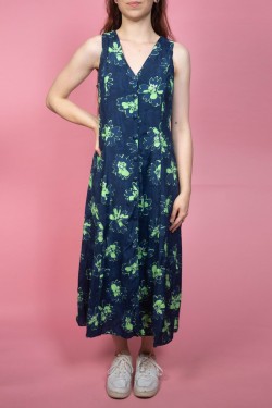 Modré vintage šaty so zelenými kvetmi - S