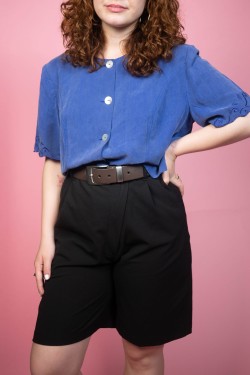 Modrá hodvábna vintage košeľa s krátkym rukávom - M