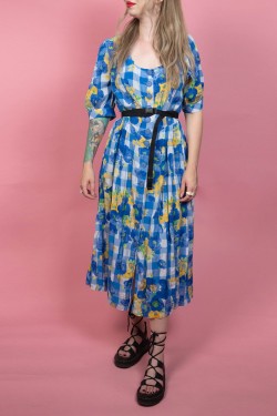 Modré kockované vintage šaty so slnečnicami - M/L